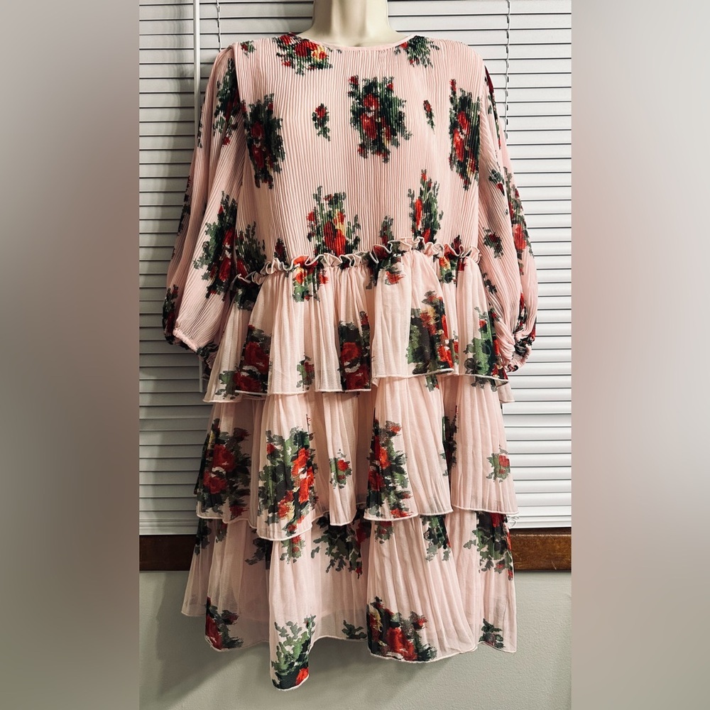 GANNI Women Pink Floral Pleated, ruffled Above knee long sleeves dress Size M